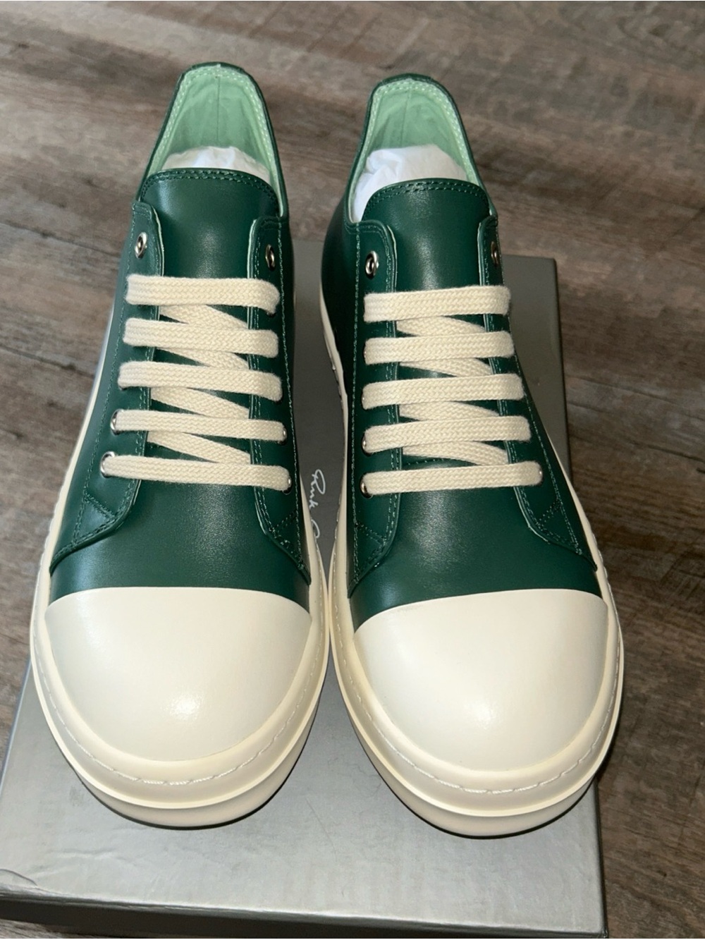 Rick Owens Green Leather Low-Top Sneakers with Cream Toe